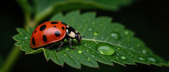 Fototapeta premium Vibrant ladybug rests on green leaf adorned with droplets of water, showcasing nature beauty and intricate details