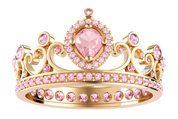 Gold crown with pink diamonds on white background isolated on a transparent background