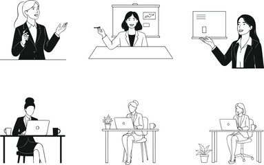 business, woman, office, laptop, presentation, workspace, meeting, icon, vector, illustration, black, white, professional, career, productivity, leadership, desk, document, role, team