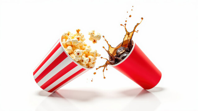 Crispy popcorn spilling from striped cup alongside splash of soda in red cup, creating fun and lively snack scene - Powered by Adobe