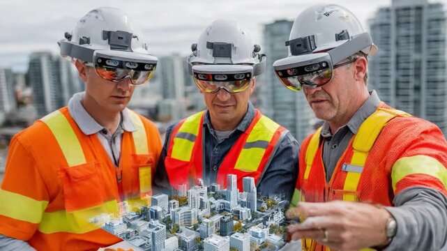 Construction team with virtual modeling: A team of construction workers wearing protective gear huddle together, examining a virtual 3D model of a future building.
