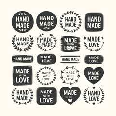 Fototapeta premium Vector art of collection of hand made labels and badges with various designs including circles wreaths and hearts