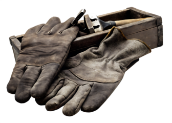 Leather work gloves and tool in wooden box isolated on a transparent background leather gloves