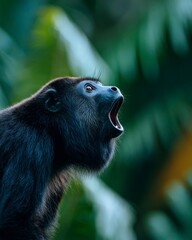Howler Monkey Calling Loudly from Rainforest Treetop in Heavy Rain