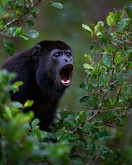 Howler Monkey Calling Loudly from Rainforest Treetop in Heavy Rain