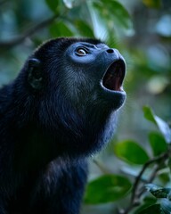 Howler Monkey Calling Loudly from Rainforest Treetop in Heavy Rain