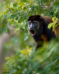 Howler Monkey Calling Loudly from Rainforest Treetop in Heavy Rain