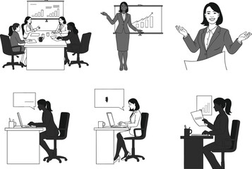 business, woman, office, meeting, laptop, presentation, workspace, document, icon, vector, illustration, black, white, professional, team, leadership, career, productivity, role, desk