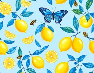 A bright, cheerful lemon pattern with butterflies and bees