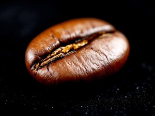 Ultra-macro single roasted coffee bean on black background, glossy texture and crack detail, rich aroma concept for branding.