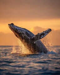 Humpback Whale Breaching Powerfully Above Ocean Surface