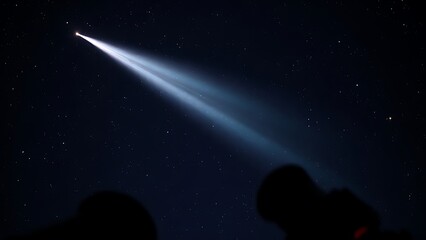Fototapeta premium Celestial comet with iridescent tail stretching across starry darkness, framed by telescope lenses.