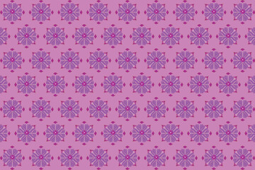 This fabric displays a repeating geometric floral motif in purple with pink accents, arranged on a soft pink background.