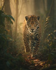 Jaguar Walking Silently Through Dense Rainforest Floor in Natural Habitat