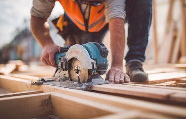 Construction worker using circular saw to cut wooden boards on building site, wearing safety vest. Concept of carpentry, woodworking, construction industry, skilled labor and tools.