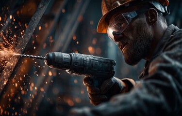 Industrial worker with safety helmet and goggles using power drill, sparks flying in factory workshop. Concept of construction, engineering, heavy industry, skilled labor and safety.