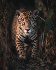 Jaguar Walking Silently Through Dense Rainforest Floor in Natural Habitat