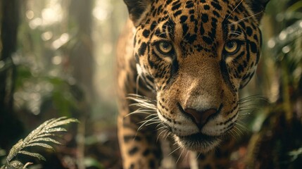 Jaguar Walking Silently Through Dense Rainforest Floor in Natural Habitat