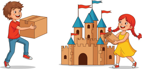 Kids carrying cardboard boxes, building castle playhouse, creative play activity, teamwork, children smiling, fun project, pretend play, happy childhood imagination