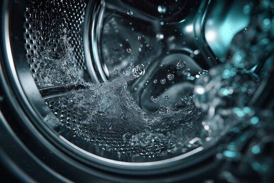 Close up of washing machine drum with water splashing inside during laundry cycle, concept of technology, cleaning, hygiene, household appliance, modern home care and freshness.