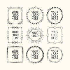 Vector art of collection of nine handdrawn decorative frames and borders in various shapes including circles and squares, perfect for branding and logos