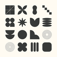 Vector art of a collection of abstract geometric shapes and symbols in a grid layout, featuring minimalist design elements and a neutral color palette for modern graphic design applications