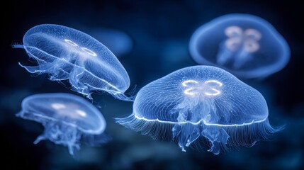 Bioluminescent Jellyfish in Dark Blue Water