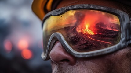 man wearing protective goggles near lava fields, reflection in goggles shows erupting volcano with molten lava and smoke, fiery cinematic atmosphere
