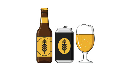 Refreshing beer bottle can and glass collection for beverage and pub promotions isolated on white background