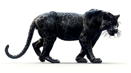 Fototapeta premium Majestic Black Panther Stalks Isolated White Background