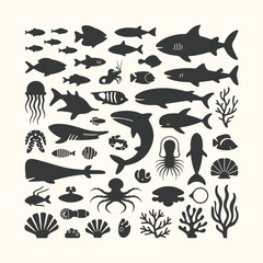 Vector art of a collection of diverse marine life silhouettes, including sharks, fish, jellyfish, octopuses, and coral, isolated on a