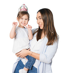 Photo of pretty young mommy hugging little daughter standing isolated over transparent background. Motherhood concept.