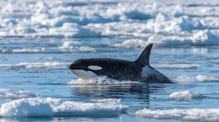Obraz premium Killer Whale Surfacing Through Icy Arctic Waters in Dramatic Wildlife Scene