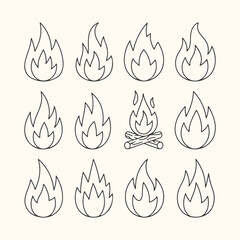 Vector art of a collection of stylized, handdrawn fire icons and a campfire illustration, presented in a grid format on a creamcolored background