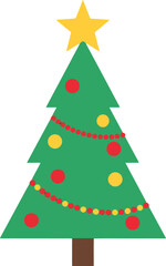 Festive green Christmas tree illustration adorned with red and yellow baubles and a shining yellow star on top, perfect for holiday greetings and seasonal decorations