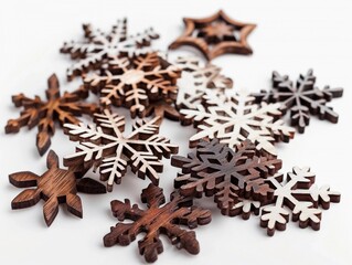 Wooden snowflakes scatter across a light background, showcasing different designs, colors, and shapes in a creative arrangement for seasonal decor