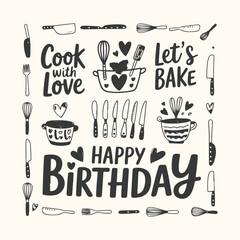 Vector art of happy birthday baking illustration with kitchen utensil, whisk, knife, fork, pot, and handwritten text