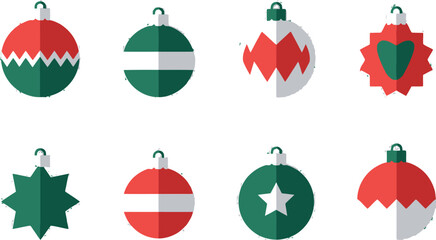Set of Christmas ornaments in flat design style, with various geometric patterns and holiday colors, vector illustration