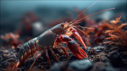 Close-Up of Lobster Crawling on Rocky Seabed with Seaweed and Ocean Texture