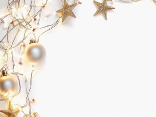 Holiday decorations featuring warm lights, golden stars, and shiny ornaments on a white background