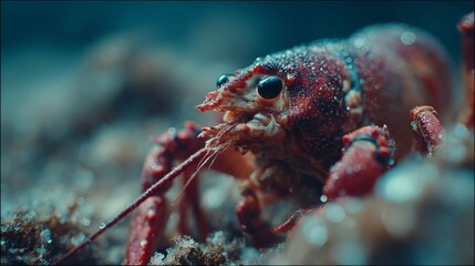 Close-Up of Lobster Crawling on Rocky Seabed with Seaweed and Ocean Texture