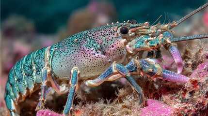 Close-Up of Lobster Crawling on Rocky Seabed with Seaweed and Ocean Texture