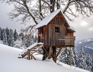 Wooden treehouse in snowy landscape