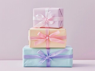 Three beautifully wrapped gifts stacked in pastel colors ready for a special occasion