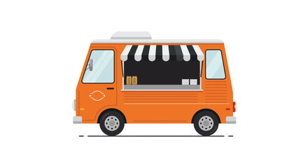 Bright orange food truck with striped awning serving delicious street food options isolated on white background