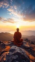 Obraz premium Serenity atop the summit: Contemplative monk at sunrise in the mountains