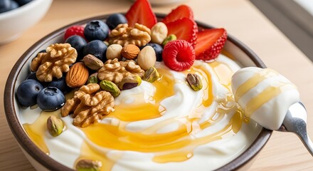 Delicious Yogurt Bowl with Fresh Berries, Nuts, and Honey.