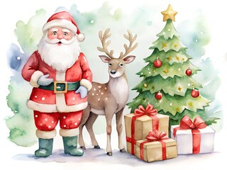 Fototapeta premium Watercolor illustration of santa claus, reindeer, christmas tree, and gifts isolated on white background