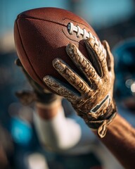 Macro Close-Up of Wide Receiver Gloves Catching American Football Mid-Play