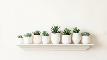 Fototapeta premium A row of small succulents in white ceramic pots on a white shelf against a white wall